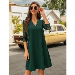 Women's V Neck Shift Dress Elegant Lace Sleeve Work Dresses Loose Tunic Dress - 1 of 3