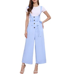 Allegra K Women's High Waist Wide Leg Belted Button Long Overalls Jumpsuit - 1 of 4