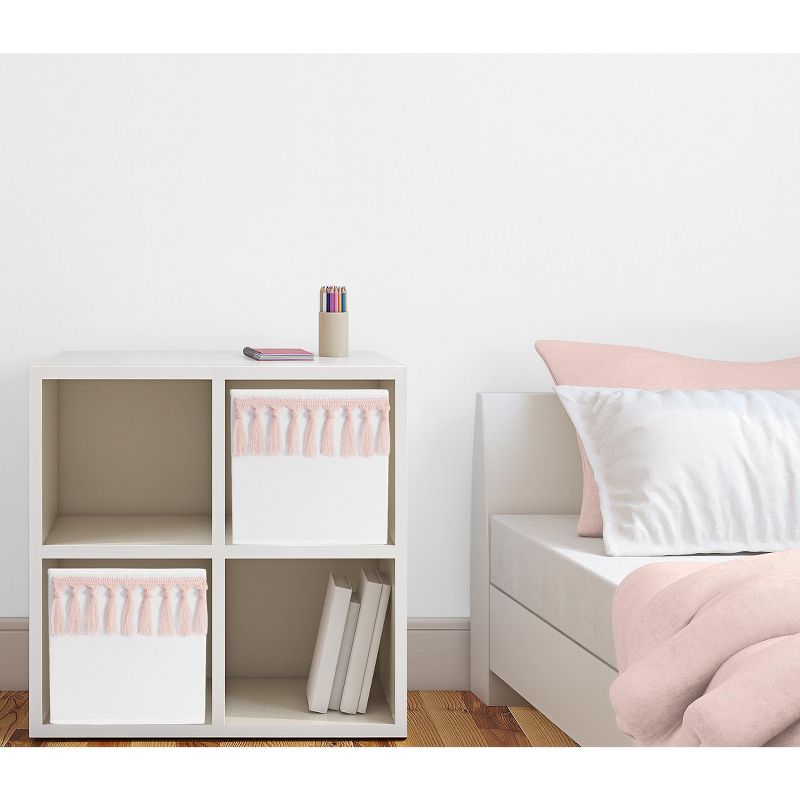 Sweet Jojo Designs Girl Set of 2 Kids' Decorative Fabric Storage Bins Boho Fringe White and Pink, 3 of 6