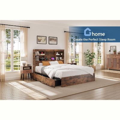 Bed Frame with High Storage Bookcase Headboard, Wood Bed Frame with 4 Storage Drawers, Built In Charging Station,No Box Spring Needed, Metal Frame,