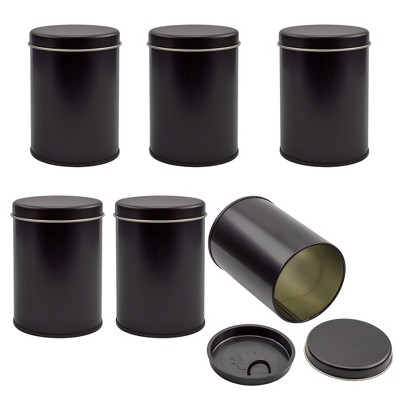 Cornucopia Brands Double Seal Tea Canisters, 6pk; Black Metal Round Tea Tins w/ Interior Molded Plastic Seal