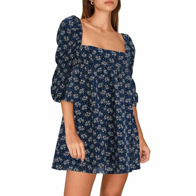 EXLURA Womens Square Neck Dress Long Puff Sleeve A-Line Casual Short Mini Dresses