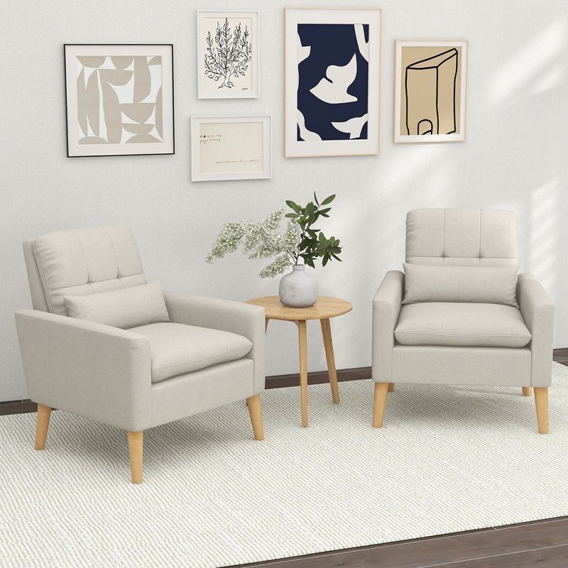 Tangkula 2PCS Mid-century Accent Chair Linen Fabric Reading Armchair w/ Lumbar Pillow, 2 of 9