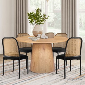 5-Piece Round Dining Table Set, 46'' Pedestal Table with 4 Rattan Cane Back Dining Chairs, Modern Farmhouse & Boho Kitchen Set-Maison Boucle - 1 of 4