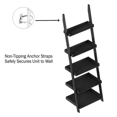 Black 5-Tier Wood Ladder Bookshelf for Storage