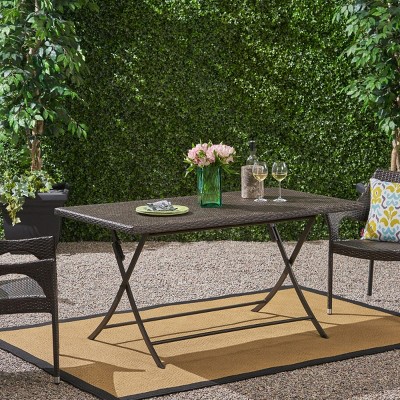 Outdoor Rectangular Foldable Patio Dining Table,Polyethylene Rattan Side Table,Dining Table With Brown Multi Wicker Finish And Tubing Frame-Coolbibila