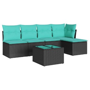 vidaXL 6 Piece Patio Sofa Set with Cushions - Black and Blue With Table - 1 of 4