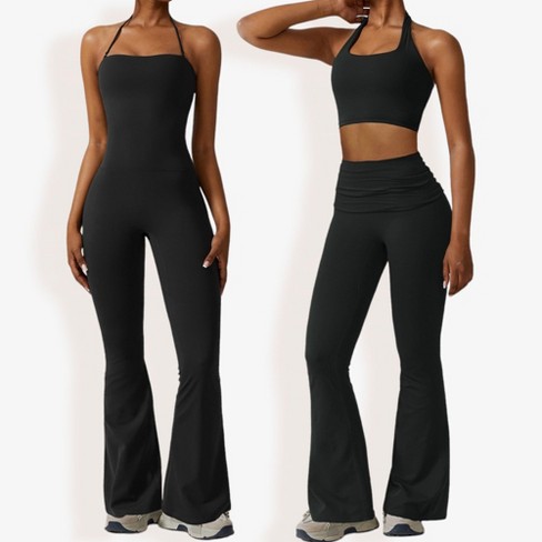 Anna-Kaci Women's Flared Halter Neck Jumpsuit Convert to High Waist Flared Yoga Pants - image 1 of 4