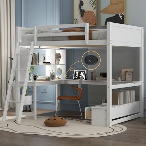 Whisen Full Size Loft Bed with L-shaped Multi-storage Desk, Storage Bench, LED light and USB Charging Station - 1 of 4