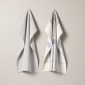 2ct Plaid & Stripe Kitchen Towels Blue/Gray/Cream - Hearth & Hand™ with Magnolia: Cotton-Linen Blend, OEKO-TEX Certified - 1 of 3