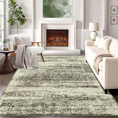 Washable Vintage Rug Non Slip Low Pile Rug Soft Throw Floor Cover Floral Foldable Indoor Carpet for Living Room Bedroom Playroom Nursery