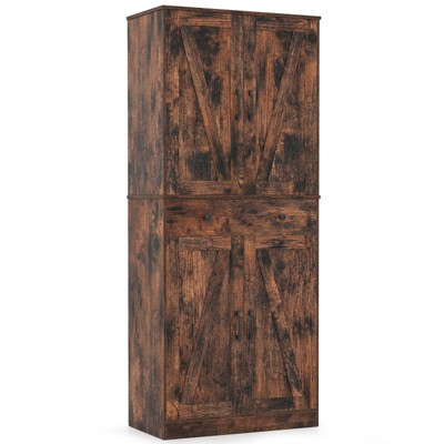 Costway 72" Tall Kitchen Pantry Modern Farmhouse Cupboard Cabinet with 4 Barn Doors Brown/White/Black