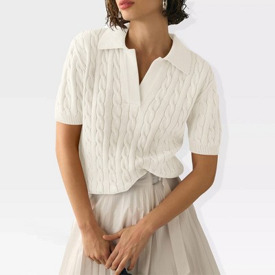Womens Sweater Knit Tops Short Sleeve No Buttom Polo Collar Sweater Ribbed Cuff Fancy Knitwear