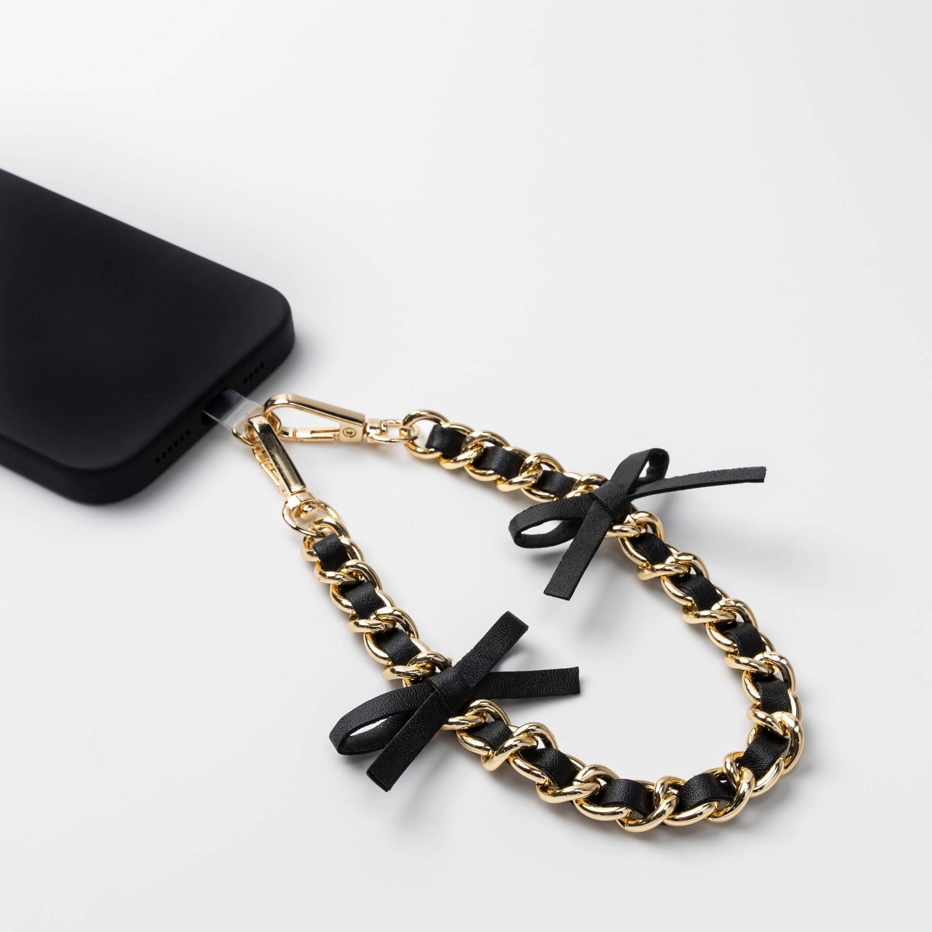 Hello Lux Phone Wristlet - Golden Chain with Black Faux Leather Bows