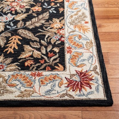 Black Floral Hand-Hooked Wool Area Rug with Ivory Border