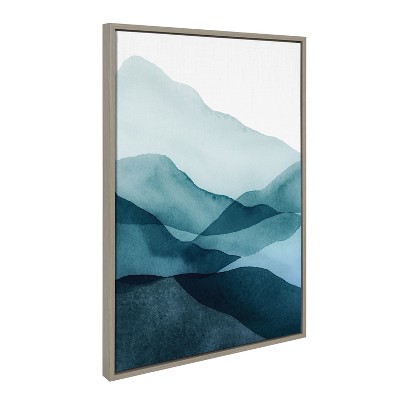 Blue Mountain Range Watercolor Canvas Art with Gray Frame, 23x33