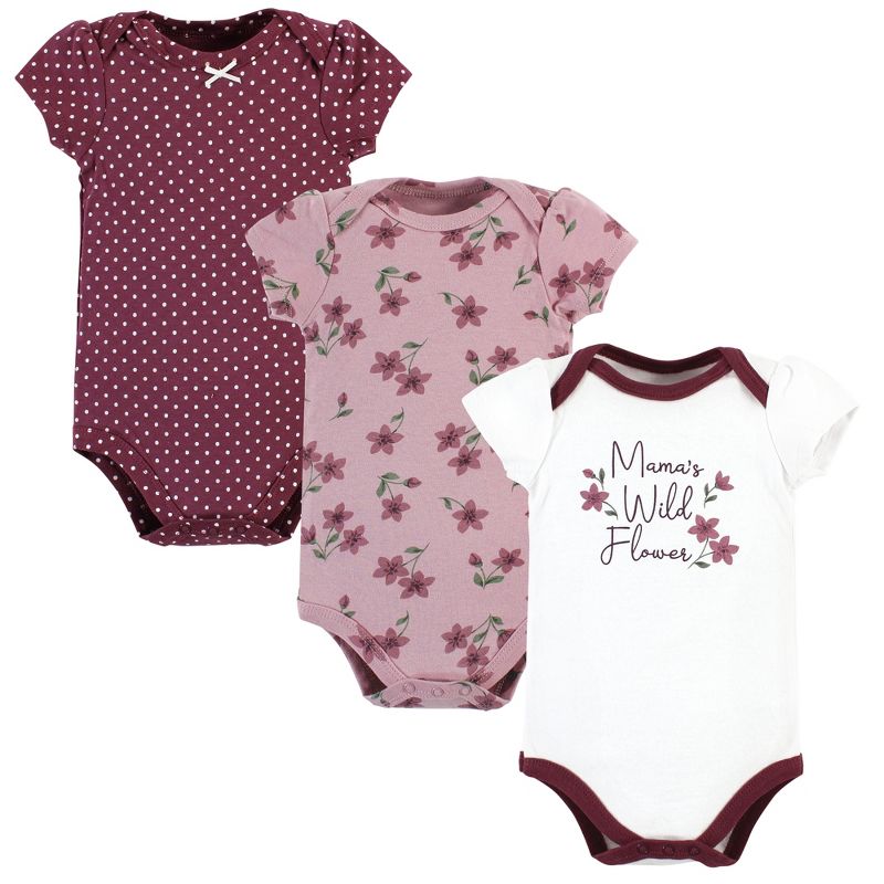 Hudson Baby Infant Girl Cotton Bodysuits, Plum Wildflower, 1 of 6