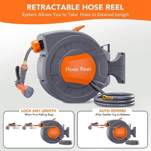 Garden hose reel, 1/2 in x 100 ft, wall-mounted, retractable with 9-function sprayer nozzle, 180° swivel bracket, automatic rewind, and slow return. - 1 of 4