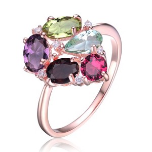 Guili Gold-Plated Sterling Silver CZ Pave Ring with multicolored oval & round stones, in Yellow or Rose Gold, sizes 6-8. - 1 of 3