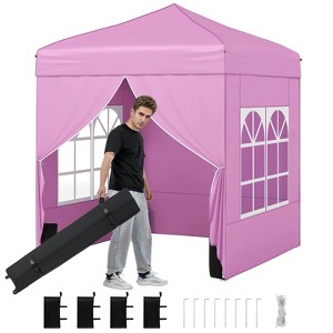 Costway 6.5 x 6.5 FT Pop up Canopy Tent with 4 Sidewalls, Wheeled Bag, 4 Sandbags, 8 Stakes Gray/Pink/White - 1 of 4
