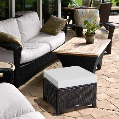 Handwoven PE Rattan 52cm Outdoor Ottoman with Cream Soft Cushion
