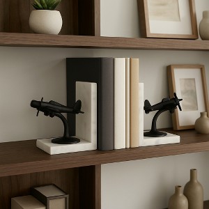 Decorative Metal Airplane Bookends on Marble Stand - Modern Book Accessories for Home Library, Office, or Desk Decor - Set of 2, 6", Black & White - 1 of 4