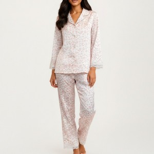 Anna-Kaci Lounge Women's 2-Piece Set Leopard Print Button Front Pajama Top with Lace Trim Sleeves and Matching Relaxed Fit Pants - 1 of 4