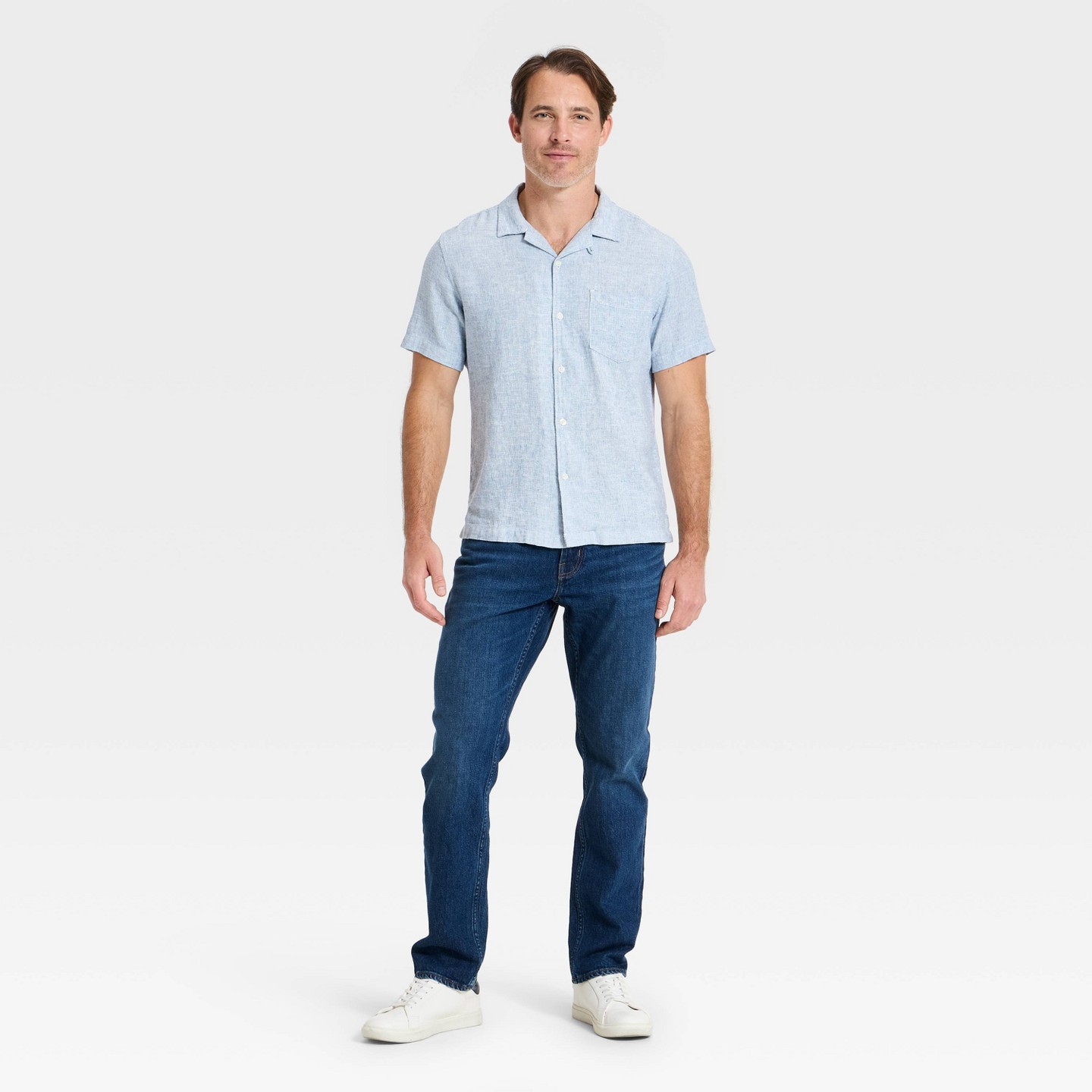 Мужская рубашка Goodfellow & Co Short Sleeve Linen Blend Camp Collar Button-Down, цвет: Светлый синий — фото 2