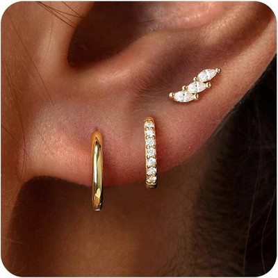 Small Sterling Silver Huggie Hoop Earrings Set for Women, 14K Gold Plated Hoops Stacks for Multiple Piercings