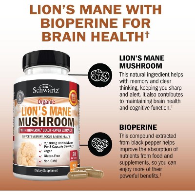 Organic Lion's Mane Mushroom Capsules with BioPerine, 90ct