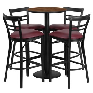 Flash Furniture 24'' Round Walnut Laminate Table Set with Round Base and 4 Two-Slat Ladder Back Metal Barstools - Burgundy Vinyl Seat - 1 of 2