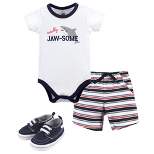 Hudson Baby Infant Boy Cotton Bodysuit, Shorts and Shoe 3pc Set, Jawsome