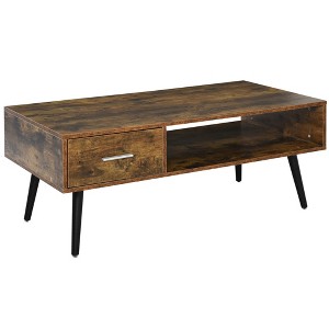 HOMCOM 43 inch Mid-Century Modern Coffee Table with Drawer and Shelf, Rectangular Center Table for Living Room, Cocktail Table, Rustic Brown - 1 of 4