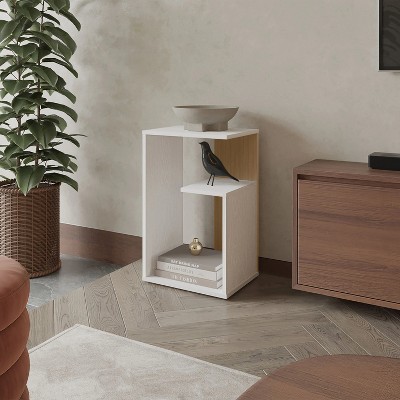 Vynxaria White & Concrete Melamine Side Table: 2-Open Shelf Storage, Light Oak Accents for Modern Bright Spaces