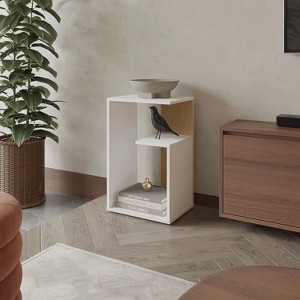 Vynxaria White & Concrete Melamine Side Table: 2-Open Shelf Storage, Light Oak Accents for Modern Bright Spaces - 1 of 4
