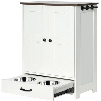 Lirago White Deep Walnut Cat Feeding Station 23.6x13.8x31.5"-Hidden Bowls and Storage Hooks