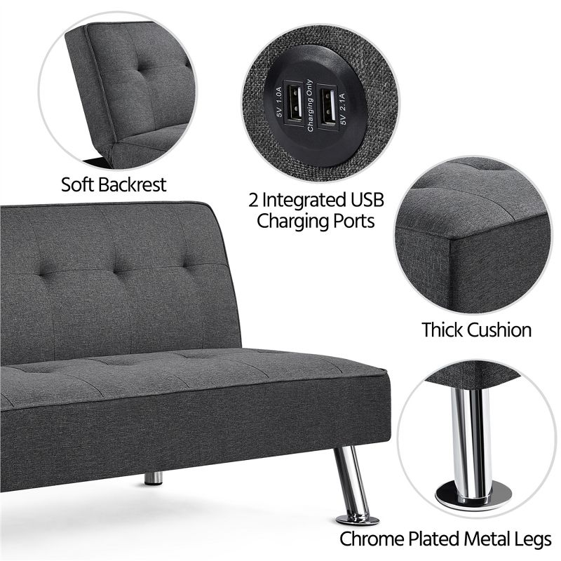 Yaheetech Modern Fabric Convertible Futon Sofa Bed with USB Ports, 3 of 8
