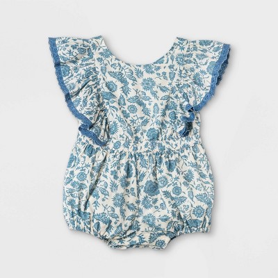 Baby Girls' Floral Romper - Cat & Jack™ Blue/Cream 6-9M