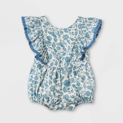 Image of Baby Girls' Floral Romper - Cat & Jack™ Blue/Cream 6-9M