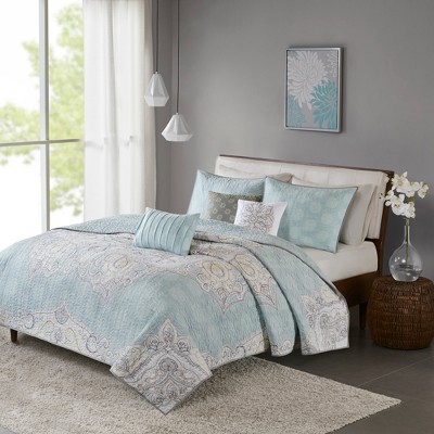 Seafoam Leslie Reversible Cotton Sateen Coverlet Set 6pc