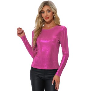 INSPIRE CHIC Women's Metallic Round Neck Long Sleeve Sparkly Disco Party Shiny Top - 1 of 4