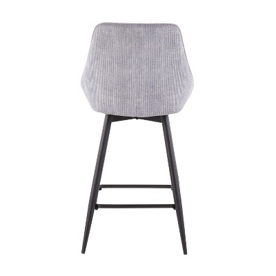 Set of 2 Gray Corduroy Swivel Counter Stools with Black Metal Legs
