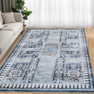 Washable Area Rug Retro Chic Medallion Distressed Design Living Room - 1 of 4