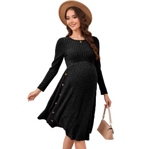 Coolmee Womens Fall Maternity Midi Dress Long Sleeve Crewneck Side Button Pregnant Clothes Dress - 1 of 1
