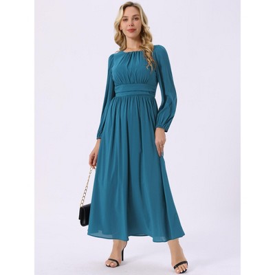 Женские платья INSPIRE CHIC Women's Crewneck Lantern Long Sleeves A-Line Pleated Chiffon Maxi Formal Dress Medium Lake Blue — фото 3