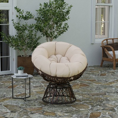 Brown Wicker Swivel Patio Chair with Beige Cushion