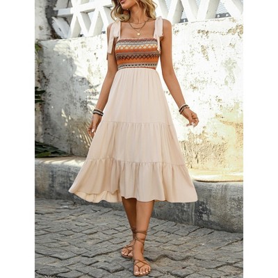 Women's Suspender Maxi Dress Bow Tie Shoulder Sling Dresses ElasticWaist A-Line Swing Flowy Dress