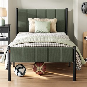 Twin Size Bed Frame with Upholstered Headboard, Metal Platform Bed with Footboard, 550 lb Capacity & Steel Slats, No Box Spring Needed - 1 of 4