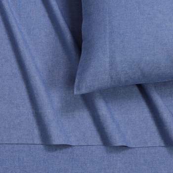 Tribeca Living Queen Yarn Dyed Portuguese Cotton Flannel Extra Deep Pocket Sheet Set Heather Moonlight Blue