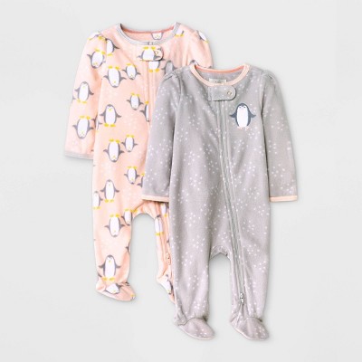 Baby Girls' 2pc Penguin Fleece Sleep N' Play Pajama Romper - Cloud Island™ Pink 0-3M